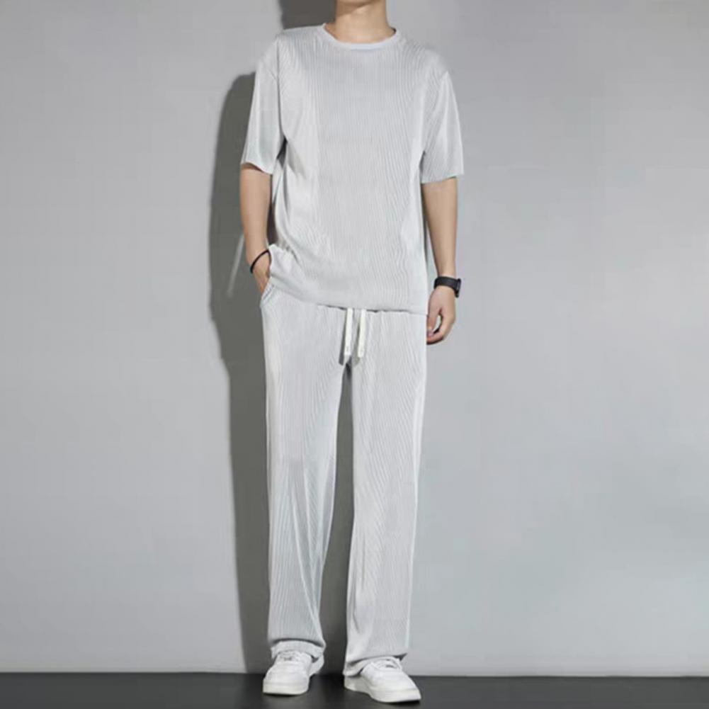 2Pcs/Kit Men Summer Leisure Outfit O-neck Short Sleeve T-shirt Elastic Drawstring Waist Wide Leg Long Pants Kit One Tone Casua