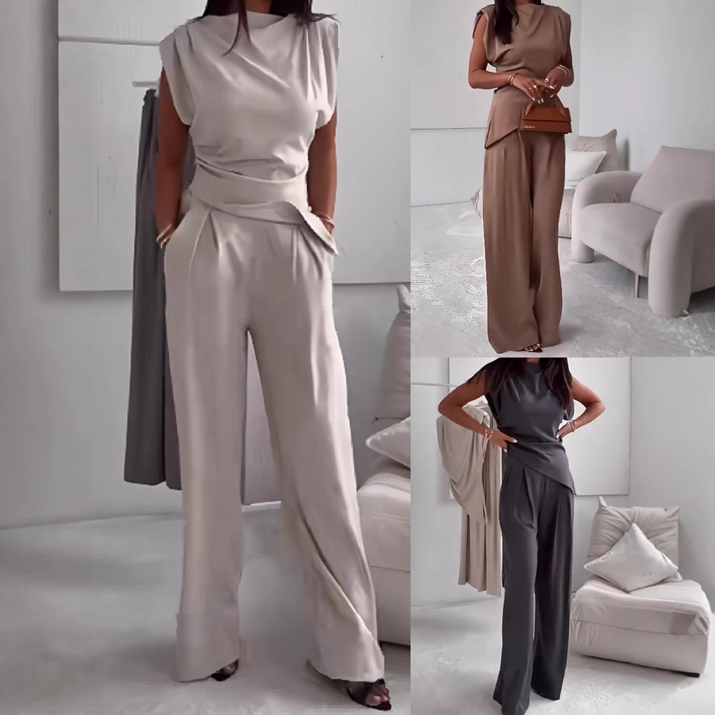 Casual Solid Color Two Piece Set Woman Outfit Summer Fashion Slim High Waist Tops And Trousers Pant Sets Suit