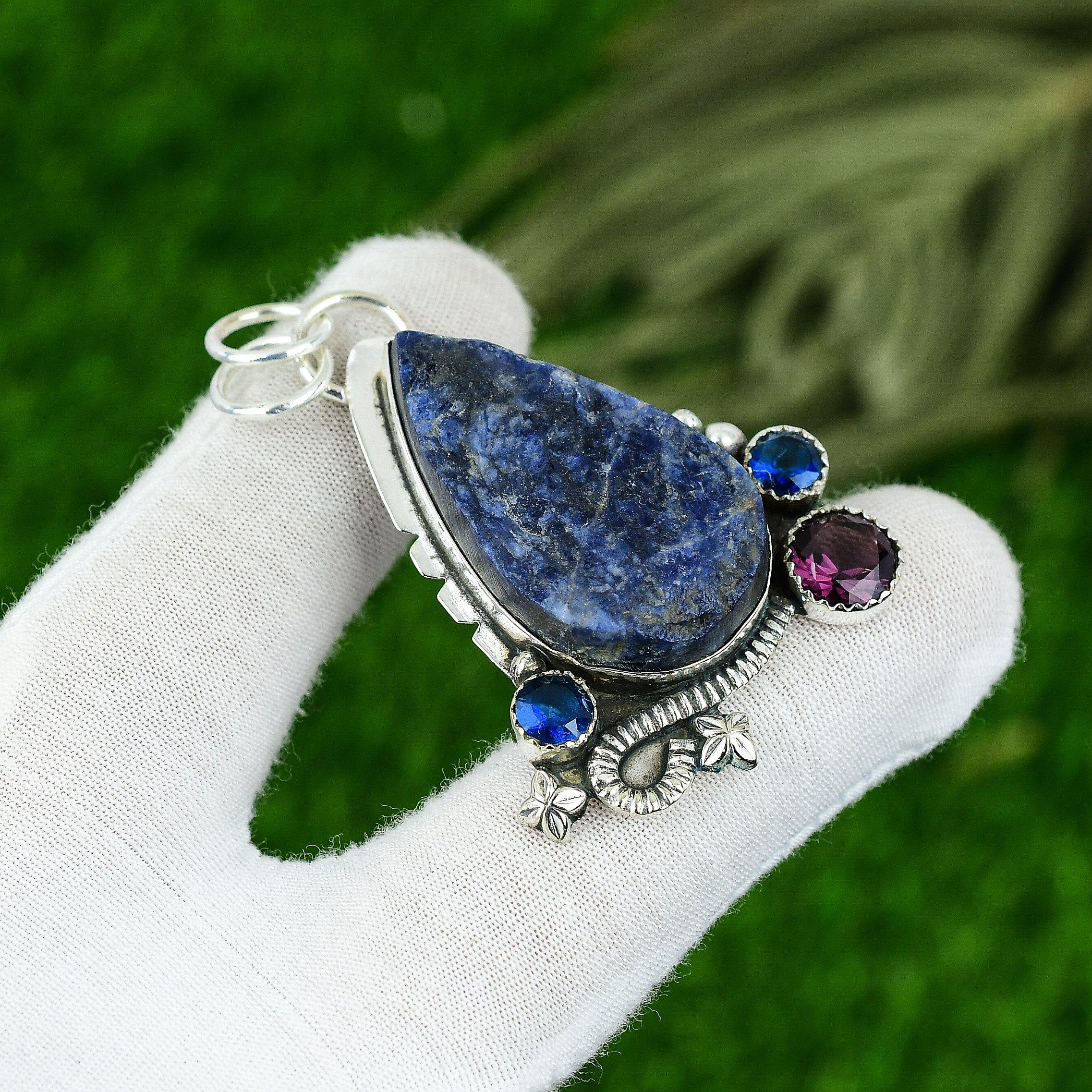 

Natural Sodalite Rough Gemstone Pendant Blue 925 Sterling Silver Indian Jewelry