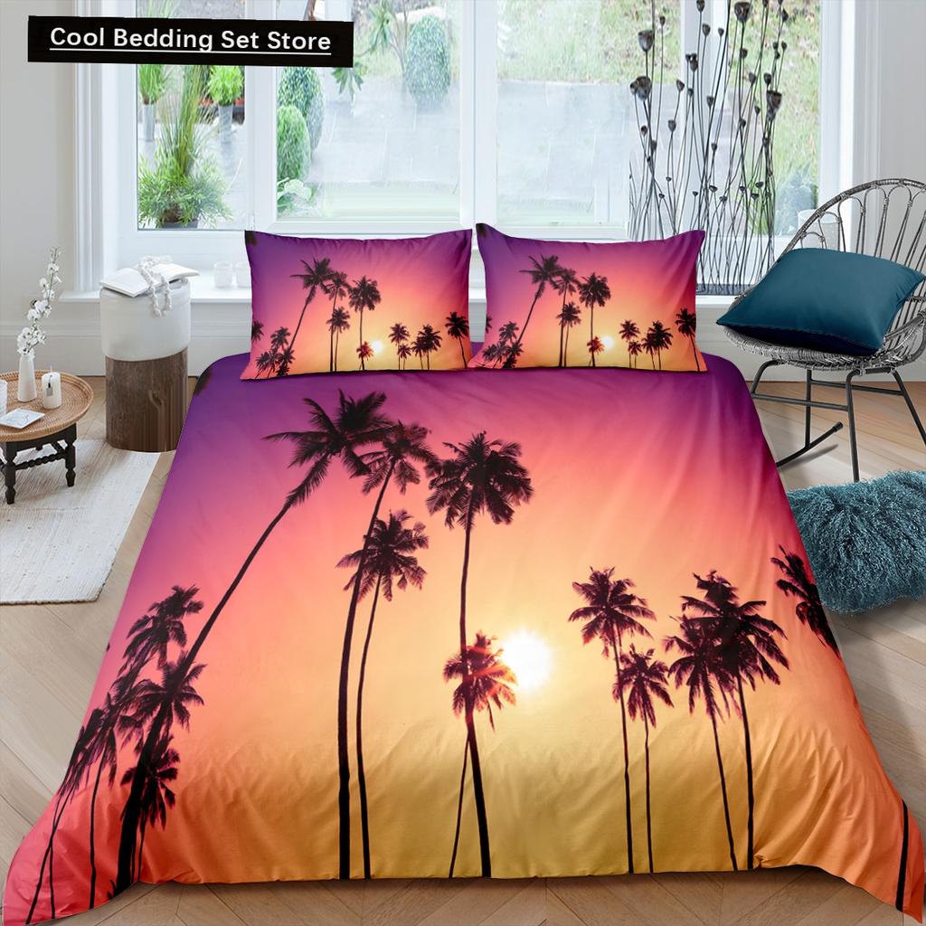 Tropical Coconut Palm Tree King Queen Duvet Cover Hawaii Seaside Sunset Bedding Set Sunrise Plant 2/3pcs Polyester Quilt Cover