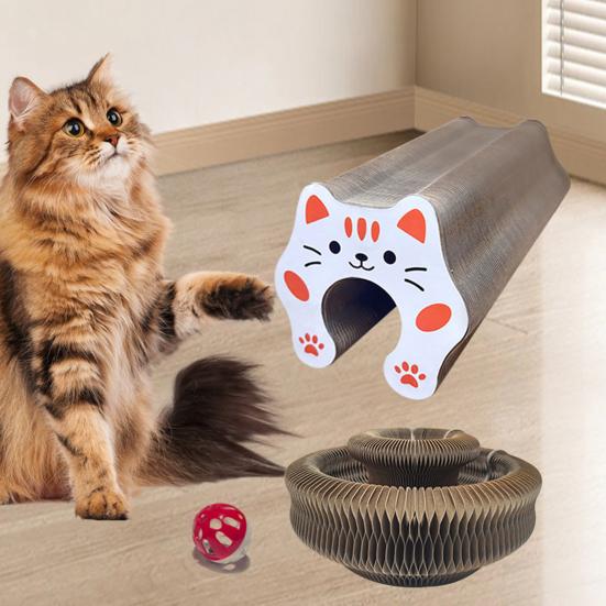 Flexible Accordion Cat Toy Changeable Cat Scratching Board with Bell Ball Portable Foldable Scratching Toy