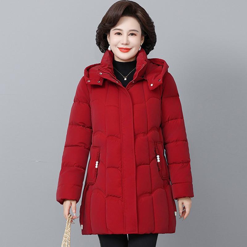 Women's Winter Thickened Down Cotton Parka Hooded Quilted Long Coat with Pockets for Middle-Aged Women