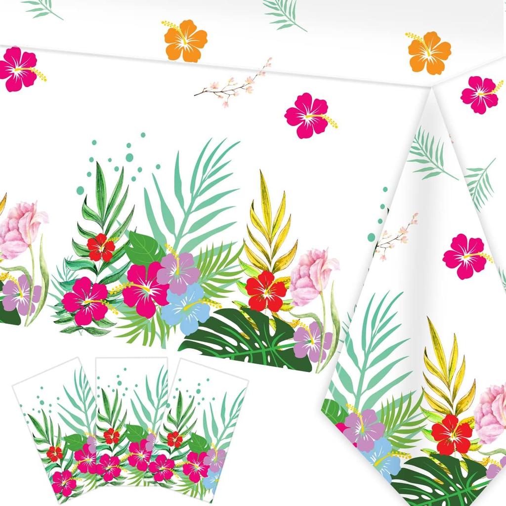 3 Pack Hawaiian Luau Tablecloths for Party Decoration, Hawaii Disposable Plastic Rectangular Table Covers, Aloha Tropical Palm Leaves Table Cloth,