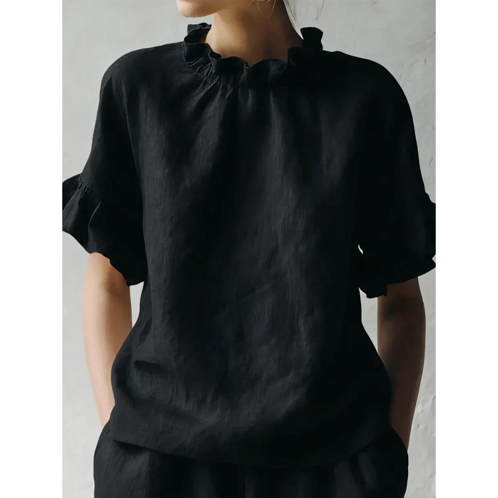 Women Summer New Solid Color Casual Loose Ruffle Short Sleeve Blouse