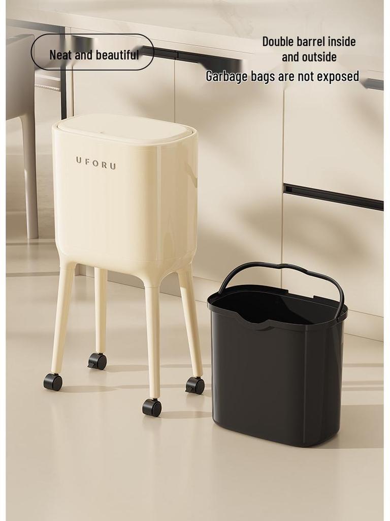 High-End Wheeled Trash Can with Lid: No-Bend, Press To Open, Light Luxury Design for Kitchen & Living Room