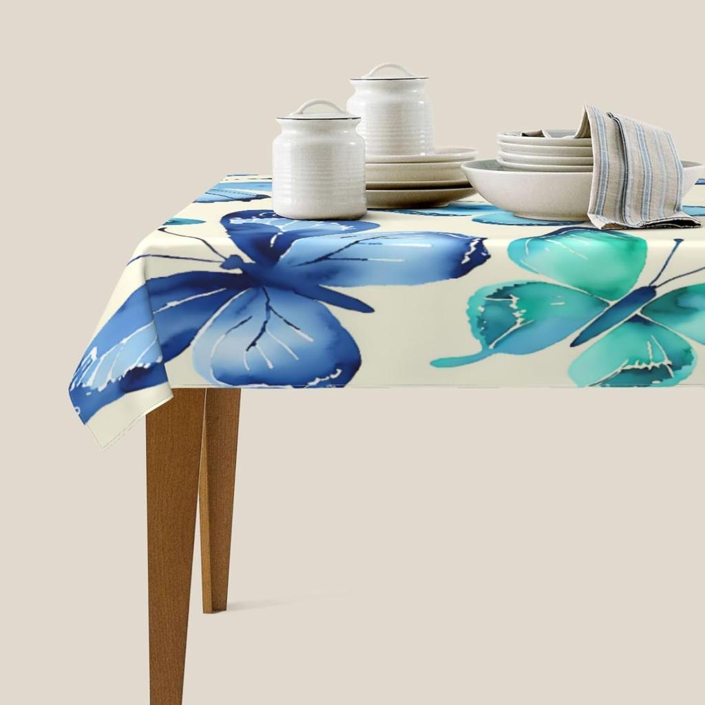 Blue Butterfly Rectangle Tablecloth - Watercolor Bright Colorful Tropical Morpho Butterflies Kitchen Dining Cover