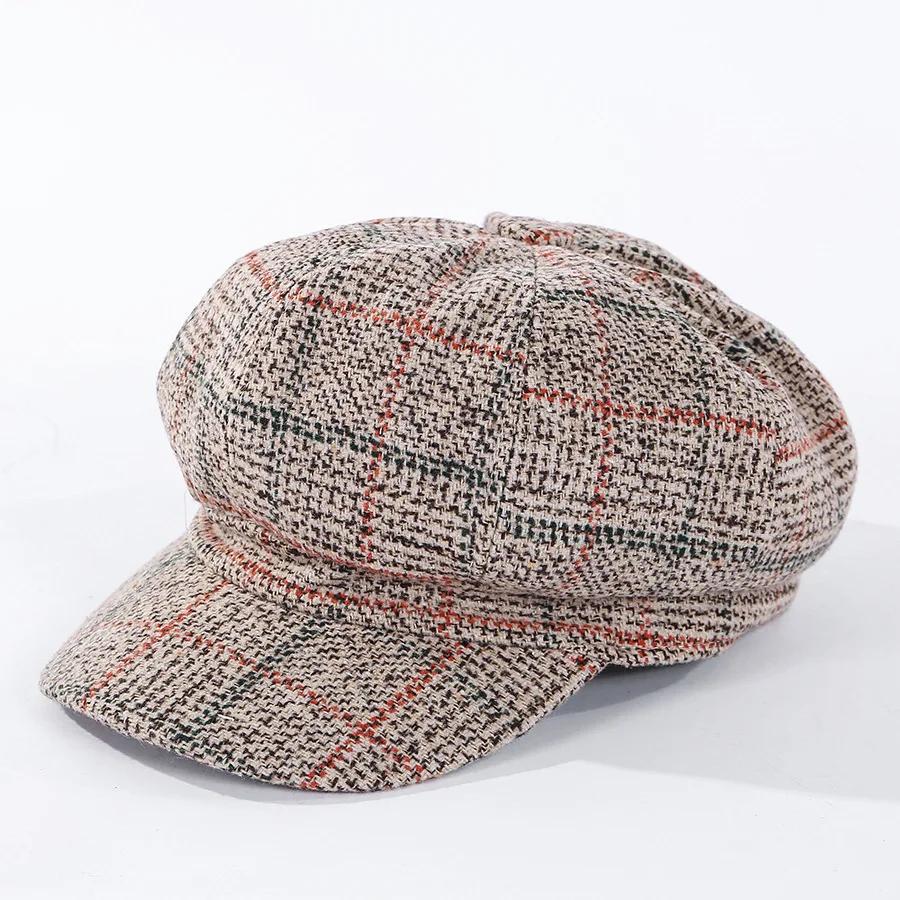Women's Vintage Octagonal Beret, Newsboy Hat, Casual Imitation Woolen, Plaid, New Fashion, 2024
