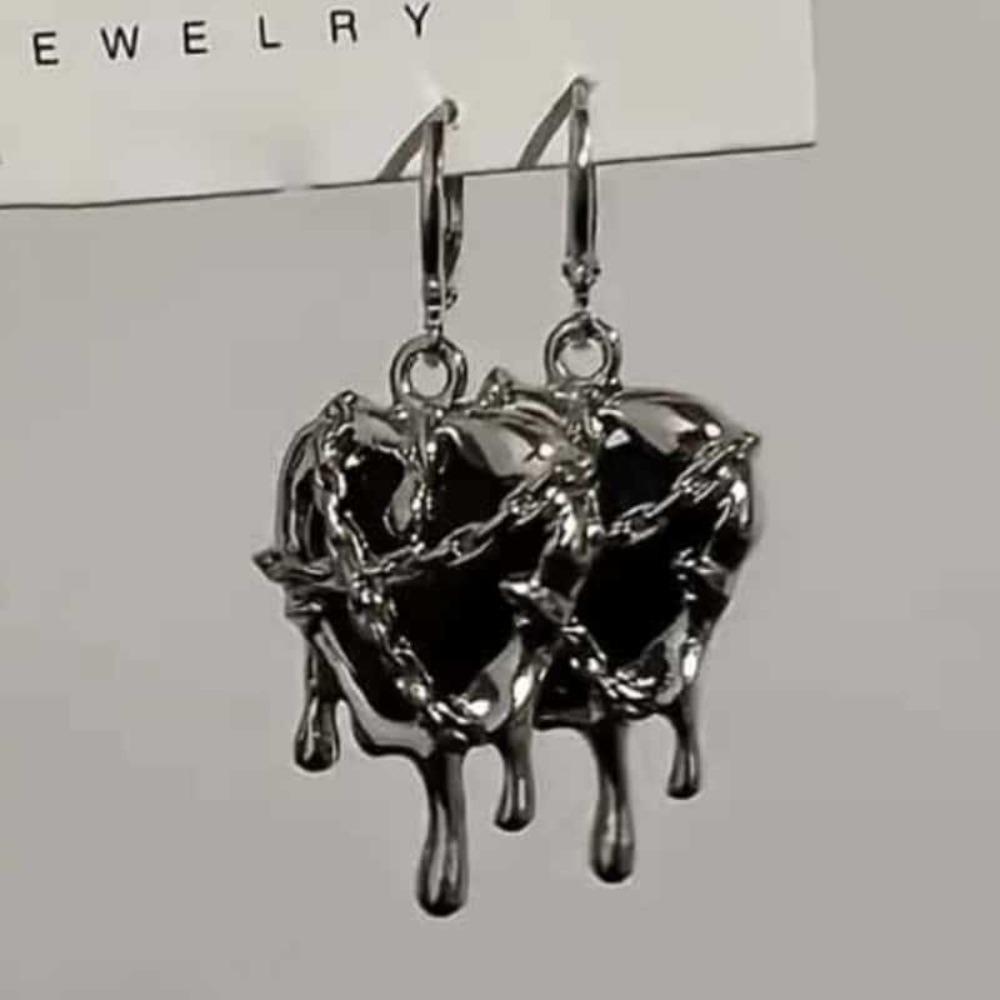 Y2K Gothic Silver Color Liquid Metal Thorny Heart-shaped Star-shaped Pendant Dangle Earrings for Women Hip-hop Punk Jewelry Gift