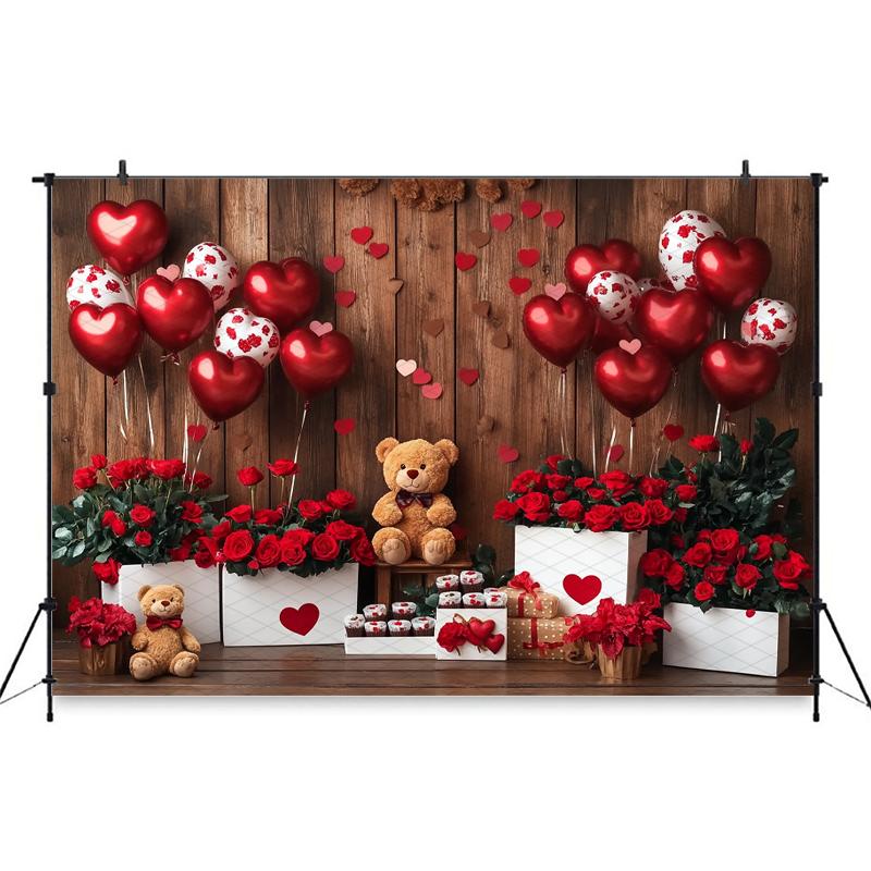 Mocsicka Valentine's Day Photo Backdrop Red Rose Love Balloons Flowers Bear Wallpaper Decorations Girl Woman Wedding Backgrounds