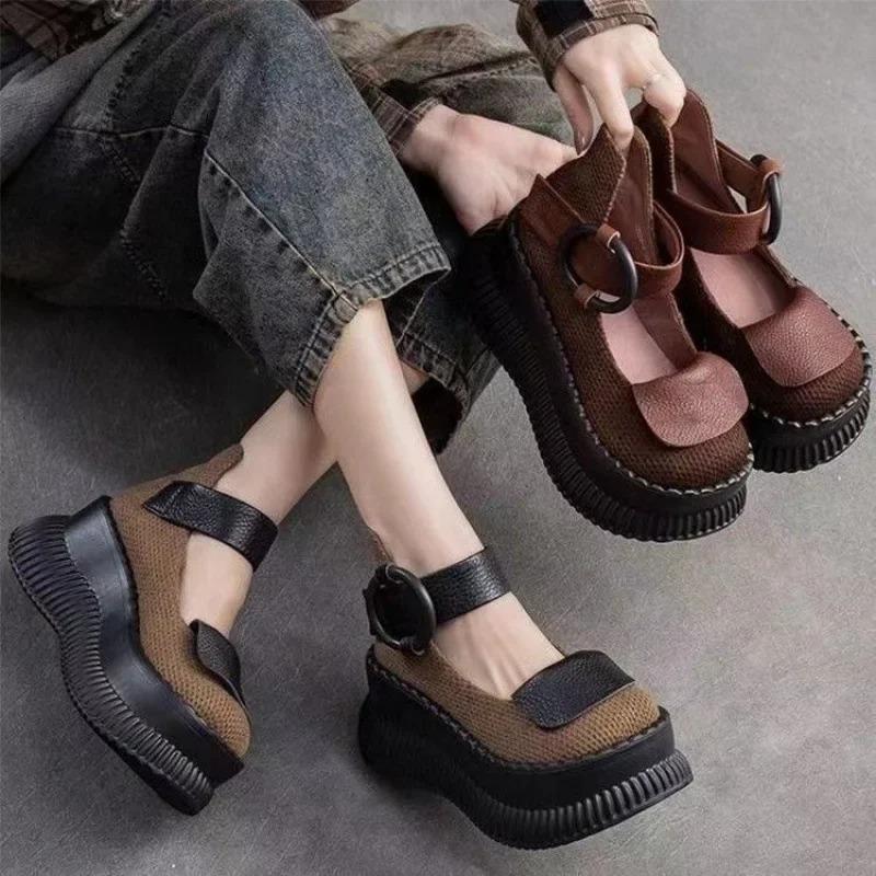 Fashion High Heel Shallow Mouth Single Shoe Increase Height Thick Bottom Sponge Women's Shoes European American Vintage