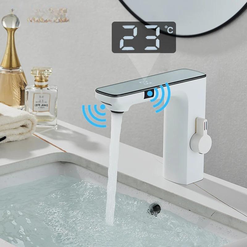 For Nouveau Robinet  Lavabo  Bains LCD Blanc, Mitigeur À Double Détection, Robinet Mitigeur  Lavabo