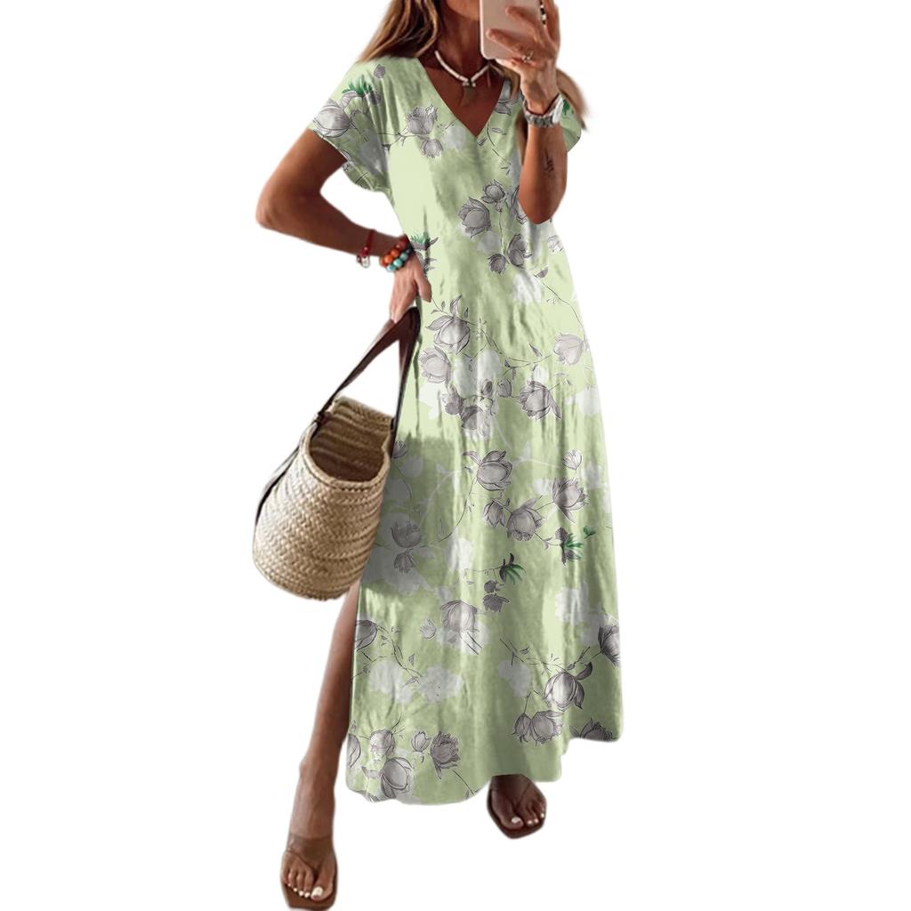 Women Summer Floral Dress Short Sleeve Beach Dress With Pockets Casual V-Neck Split Long T-Shirt Dress Travel Vacation