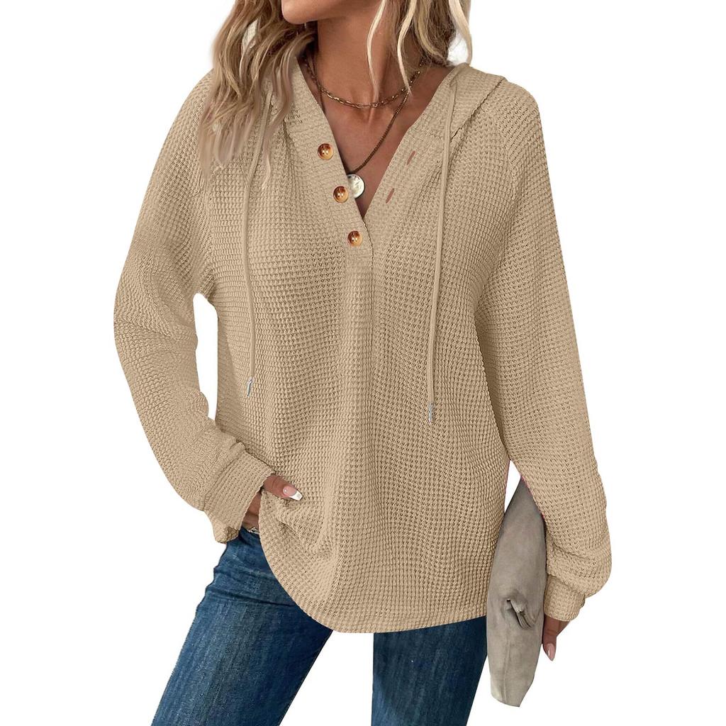 Women's Fashion Long Sleeve Drawstring Hooded Button V-neck Casual Hooded Sweatshirt Top