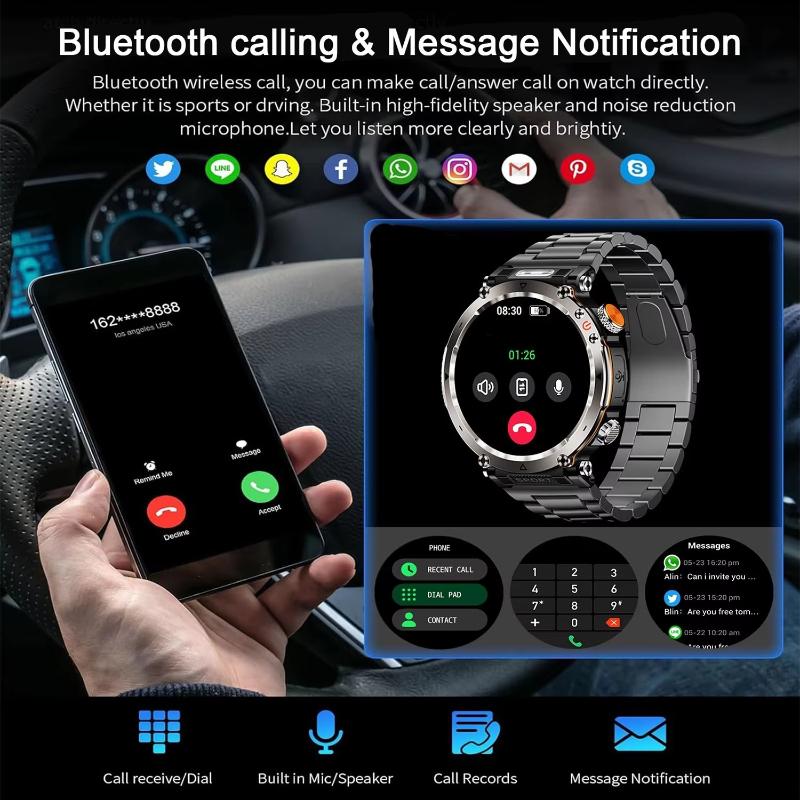 New 5ATM Waterproof Smart Watch Men 600mAh Outdoor SmartWatch GPS Compass Heart Rate LED Flashlight Bluetooth Call Sports Smartwatch