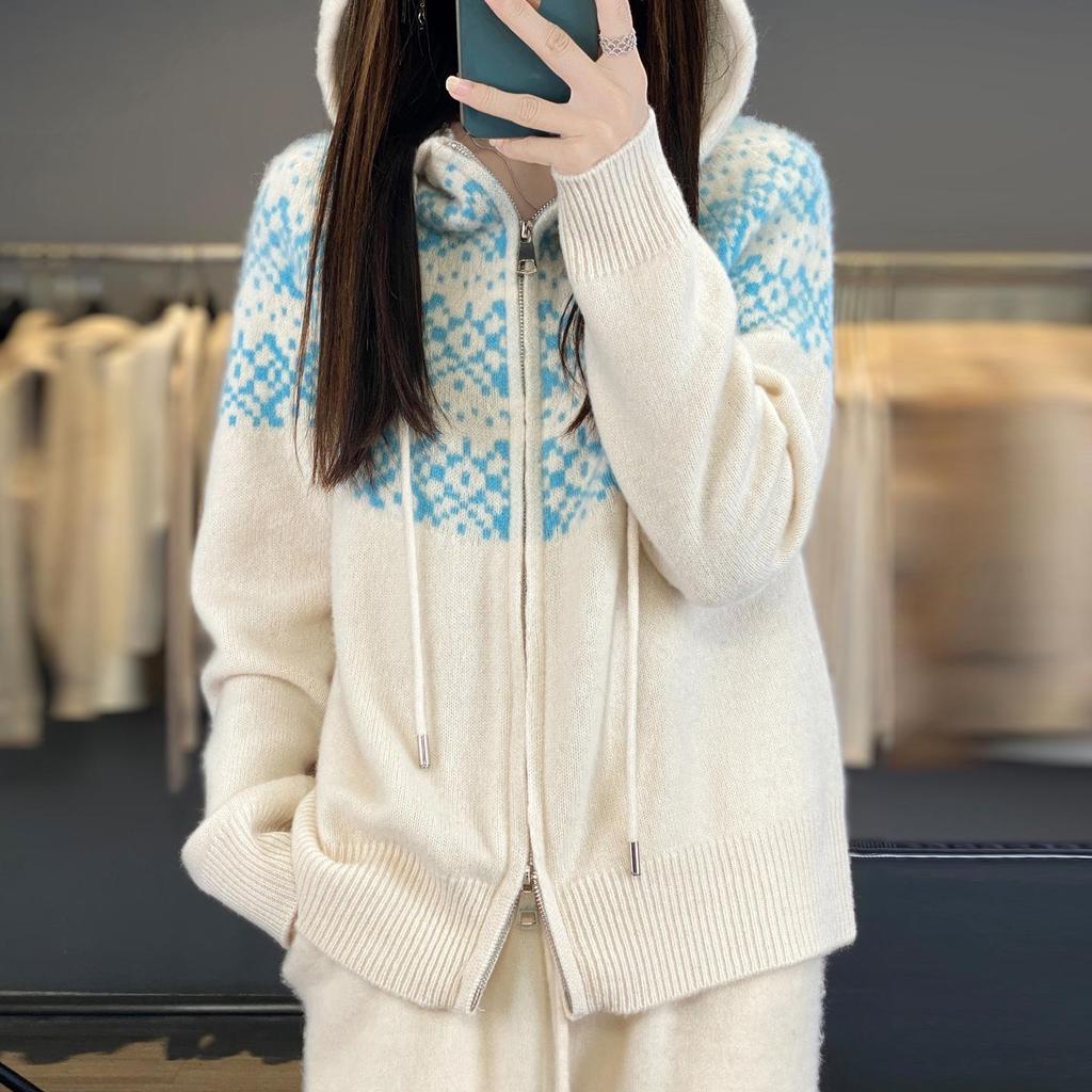 Women's Fair Isle Wool Knit Hooded Cardigan - Double Zipper, Korean Style, Autumn/Winter