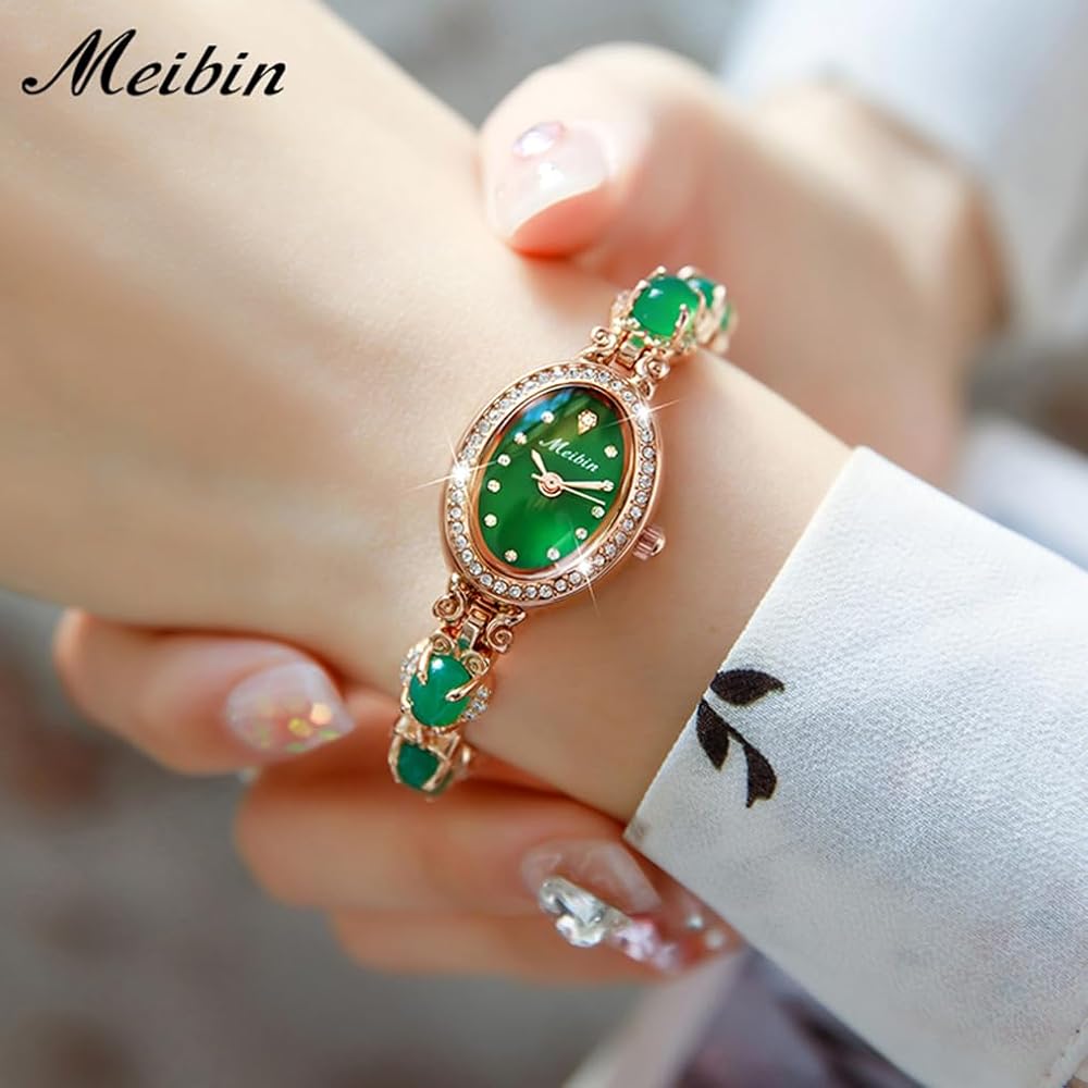 "Elegant Women's Bracelet Watch Green Crystal Waterproof Quartz Simple Rose Gold"