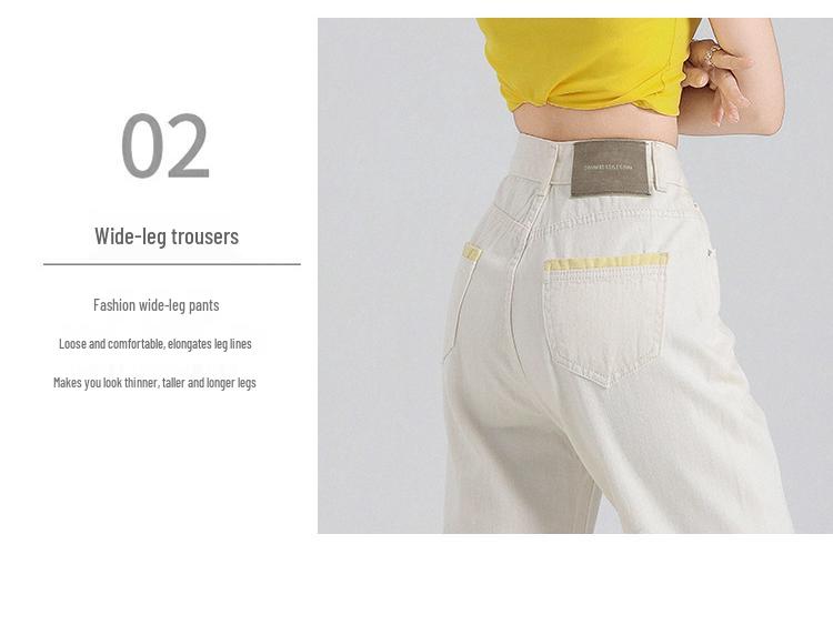 Rolled Cuff Contrast Wide-Leg Petite Jeans - Women's Spring/Summer Grandma Style, Loose Fit, 7/8 Length.