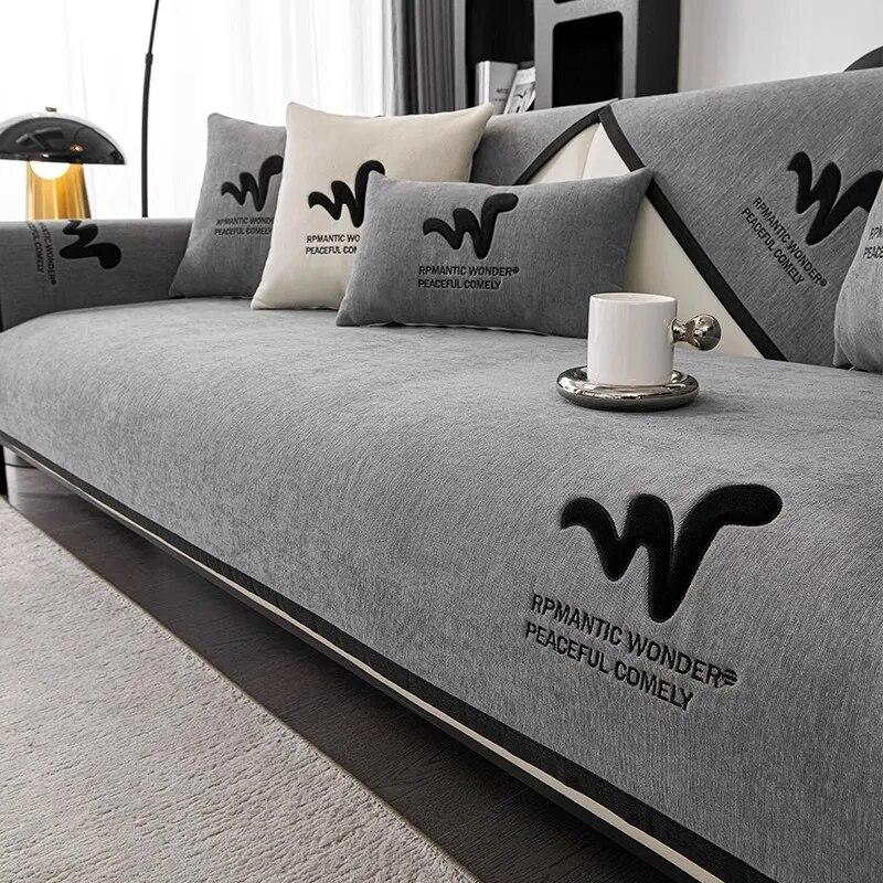 

Чехол для дивана из синели с вышивкой букв, противоскользящий однотонный коврик для дивана, украшение для дома, диванная подушка, L-образный чехол для дивана 70x70cm 1pcs