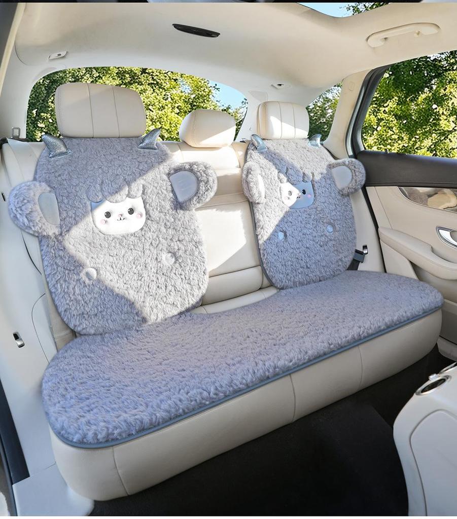 Universal Embroidered Lambswool Car Seat Cushion Set - Winter Warm 3-Piece Interior Decor.