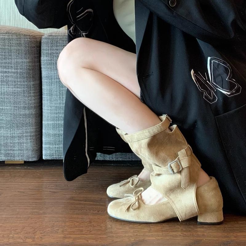 Maillard Boots Women's 2025 Spring/Summer New Design Round Toe Bow Versatile Thick-heeled Cool Boots Ballet Single Shoes