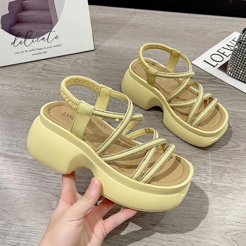 Fashion 8CM Cross Strap Wedge Heel Sandals Woman Summer Bling Chunky Platform Slingbacks Women Slippers Thick Bottom Slides Flip Flops