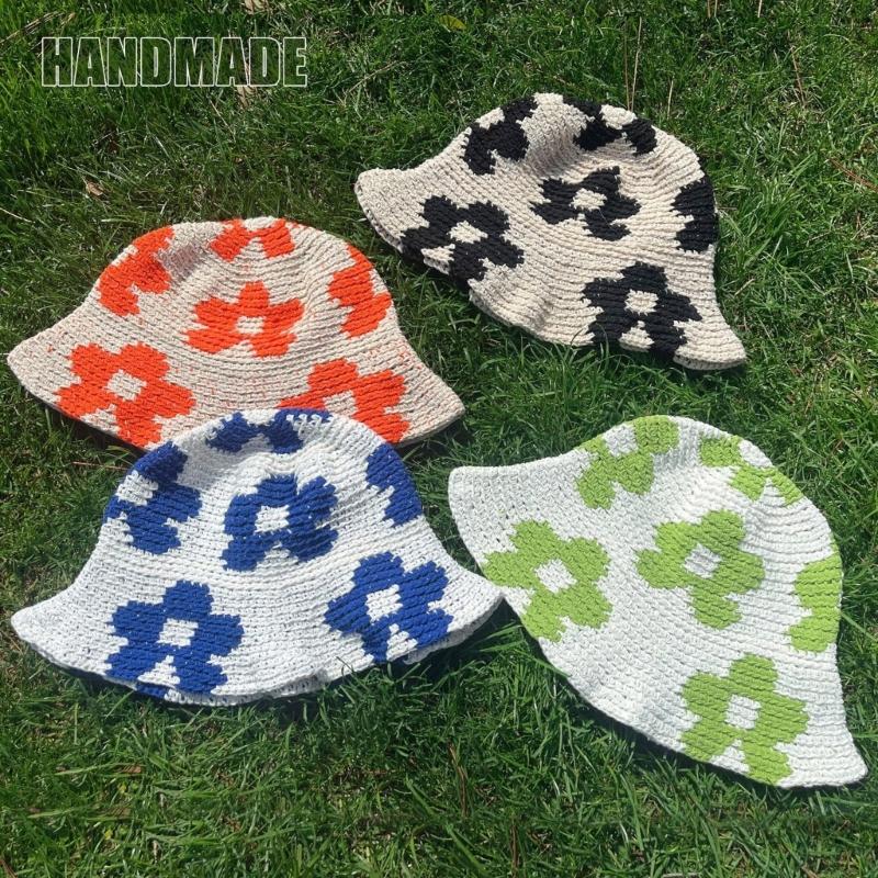 Spring Fisherman Hat for Woman Weaving Bucket Hat Crochet Flower Wide Brims Hat