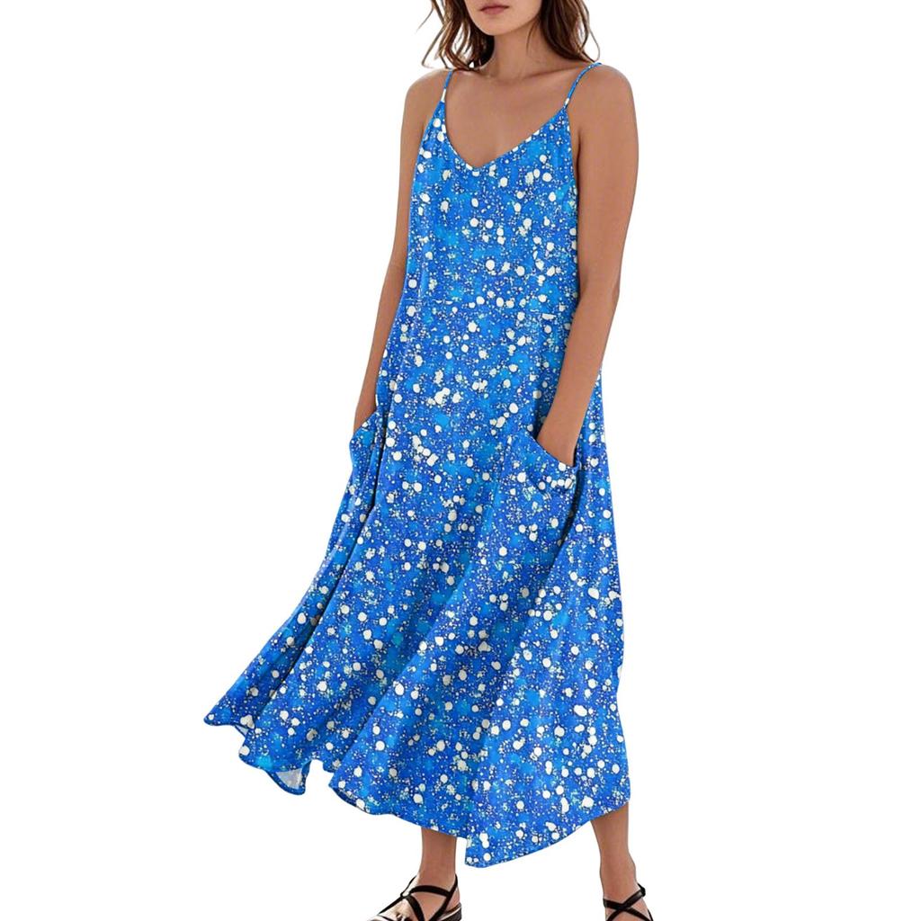 Women's Fashion Casual Floral Print Sleeveless Pocket Long Beach Dress