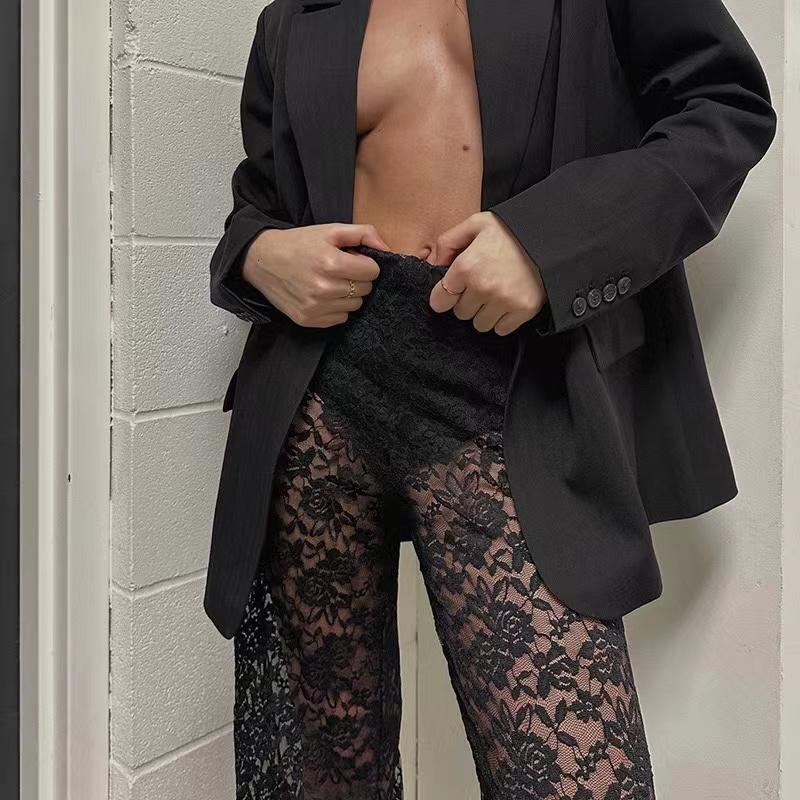 Sexy Damen Spitzenhose Transparent Gothic Hohe Taille Weites Bein Schlaghose Damen Schlaghose Club Streetwear