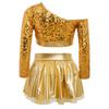 Kids Girls Jazz Dance Costume One Shoulder Long Sleeve Sequins Top with Elastic Waistband Metallic Tutu Skirt for Performance Competition