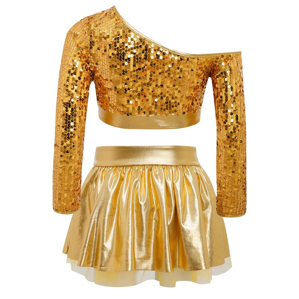 Kids Girls Jazz Dance Costume One Shoulder Long Sleeve Sequins Top with Elastic Waistband Metallic Tutu Skirt for Performance Competition