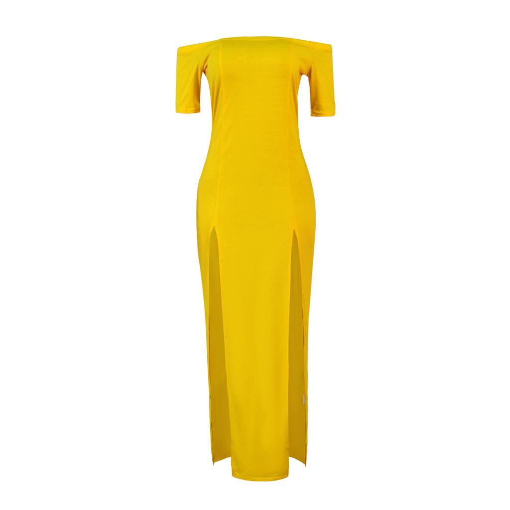 Fashion Women Sexy Slim Color Short Sleeves Off Shoulder Slit Long Dress