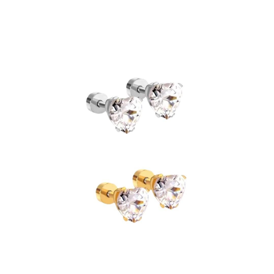 Geometric Star Heart Stainless Steel Earrings with Rhinestone, Screw Back Design Steel + White Zircon 4mm