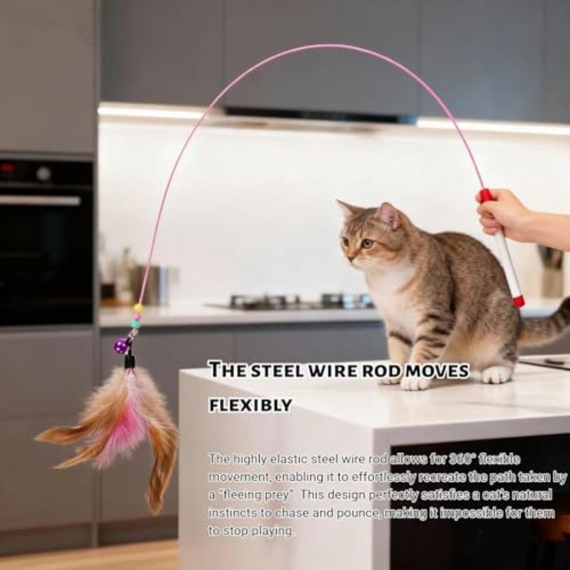 Cat Feather Wand Toy - Steel Wire Feather Interactive Cat Stick Training - Beads Bells Kitten Wand Toys Pet, Funny Kitten Fishi