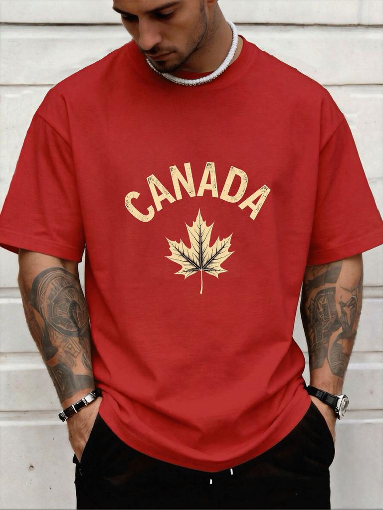 Unisex Crew Neck Canada Maple Leaf Letter Print Short Sleeve Cotton Tee Casual Summer Streetwear Loose Basic Daily Outdoor Wear Top