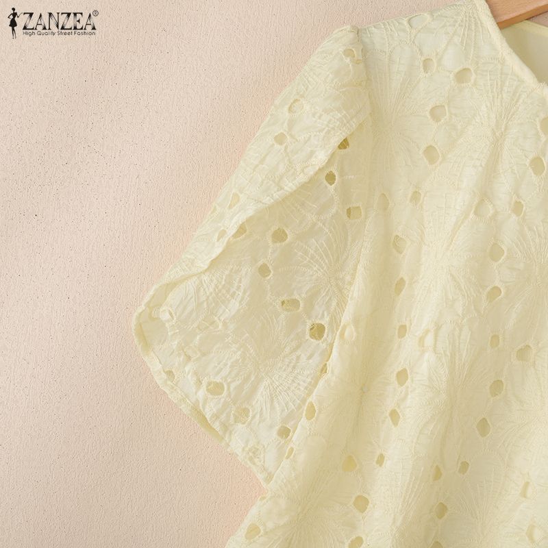 ZANZEA Women Casual Round Neck Short Sleeve Hollow Crochet Patchwork Blouse