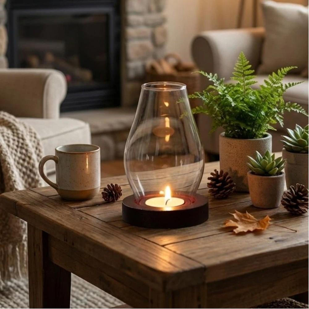 Base in Legno Massello Portacandele in Vetro Lampada per Incenso Trasparente Ambiente Interno