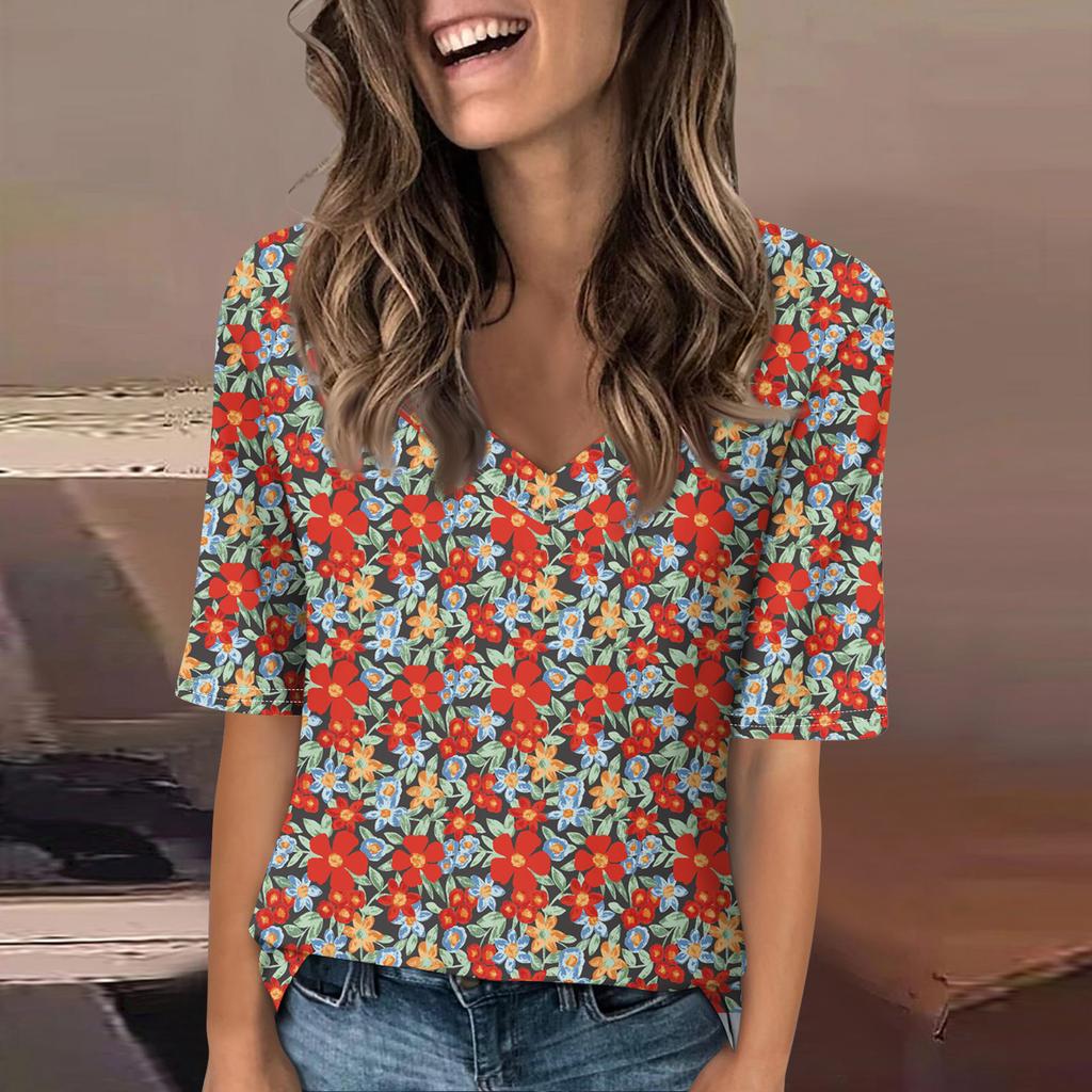 Women's Fashionable Casual Short-sleeved Five-quarter Sleeve Floral Print V-neck Top