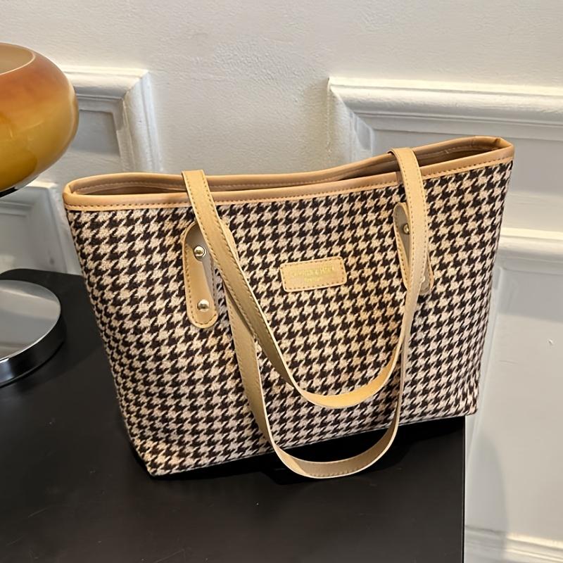 Casual Houndstooth Print Tote Bag, Large Capacity Shoulder Purse with Brown Leather Straps, Versatile for Everyday Work Outings