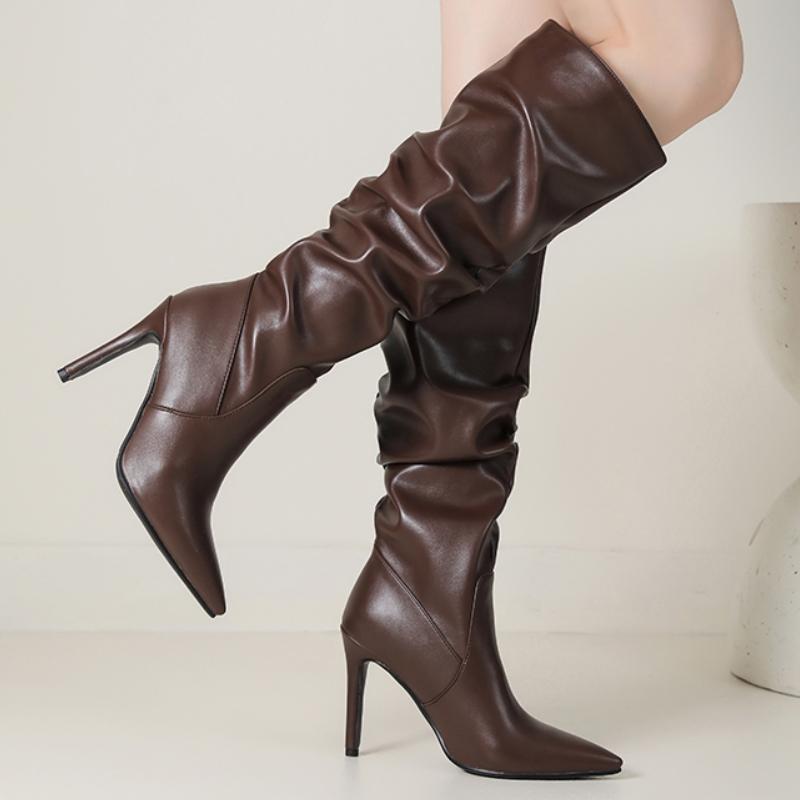 Black White Knee High Boots Women Winter Shoes New 2024 Sexy Pleated Women's High Long Boots Large Size Footwear Point Toe