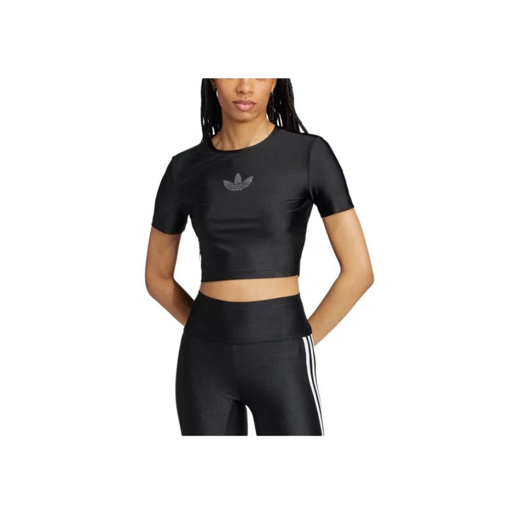 Adidas Originals Rhinestone Trefoil Fashionable Versatile Slim Fit Short Sleeve T-Shirt Women Tops Black IW5681