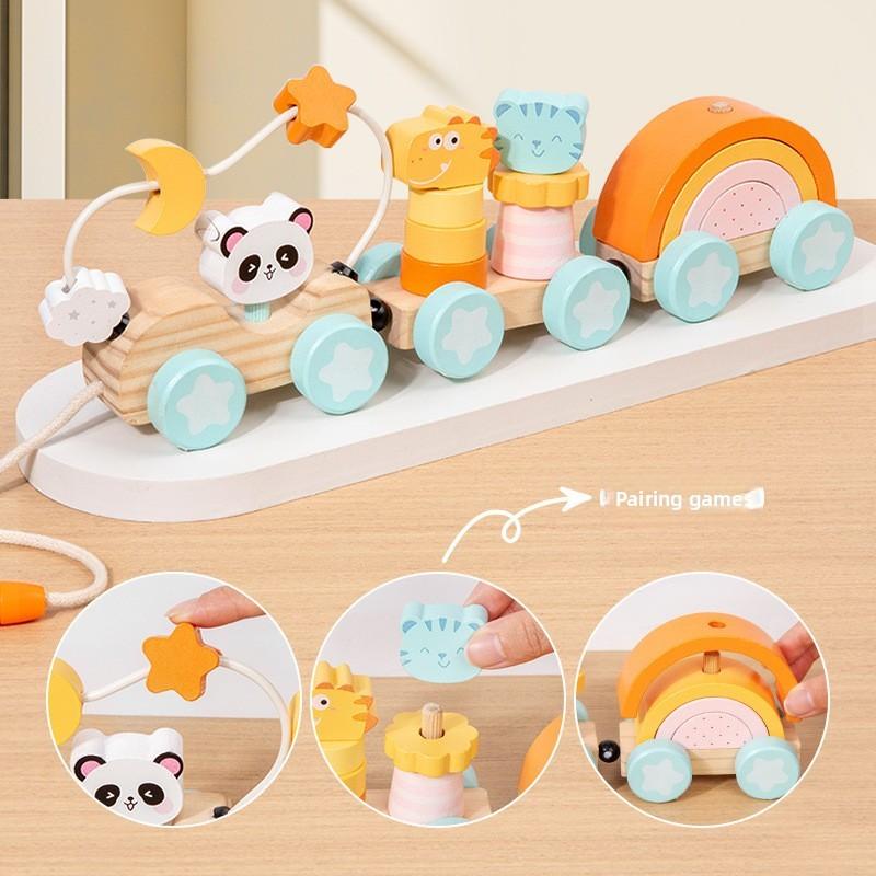Wooden Animal Cat Panda Toy Train With Interlocking Carriages For Baby Development And Kids Play