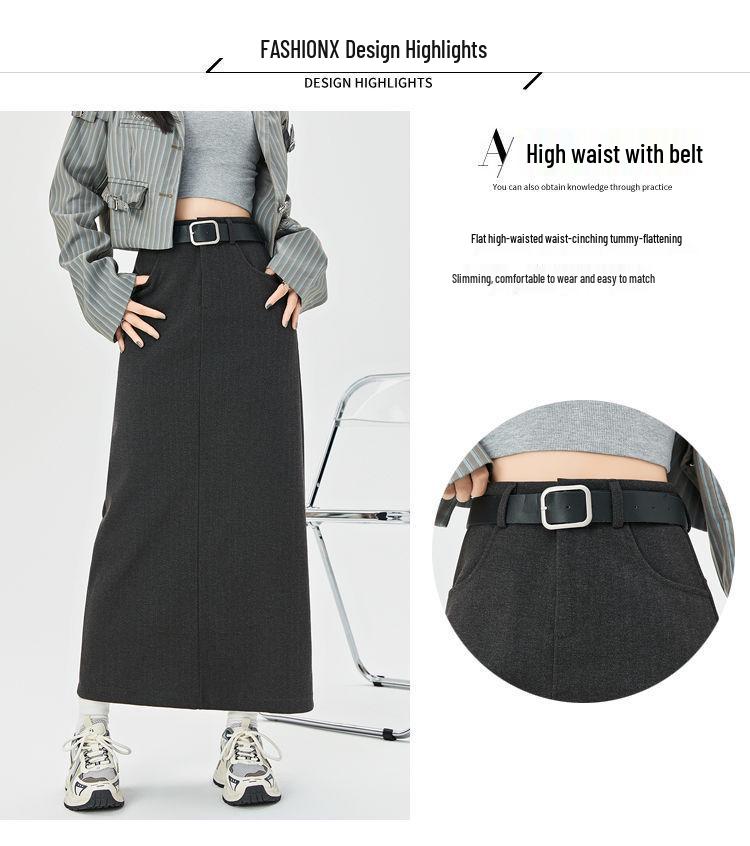 Women's High-Waist Woolen Midi Skirt - Slimming Bodycon with Slit for Autumn/Winter