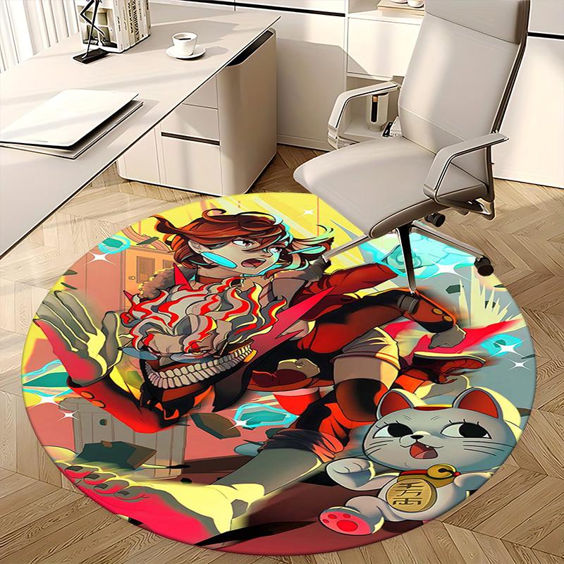 1pc Anime Cat with Skull Headphones Round Carpet - Office Chair Mat, Non-Slip Rug for Home Decor, Living Room