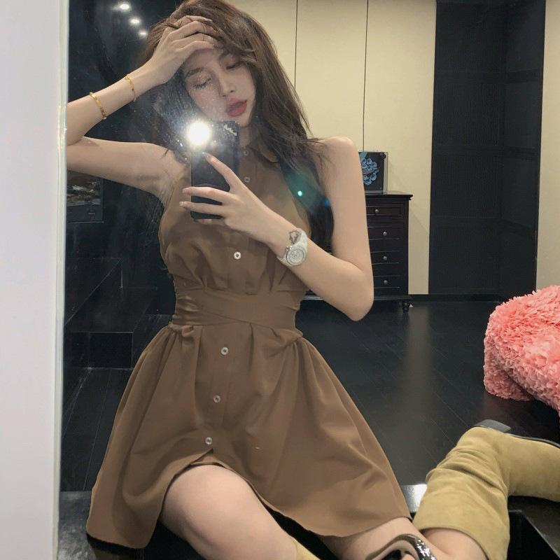 French Spice Girl Shirt Neck Dress Women's Summer Small Back Bow Sleeveless Waist Polo Skirt