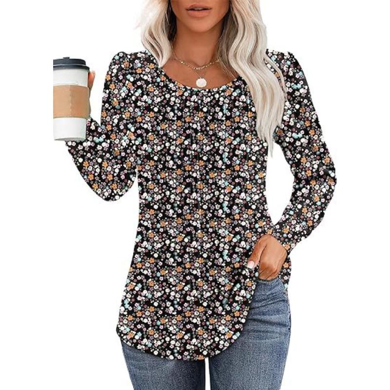GMXIA Women's Fashion Casual Solid Color Print Long Sleeve O Neck Blouses & Shirts