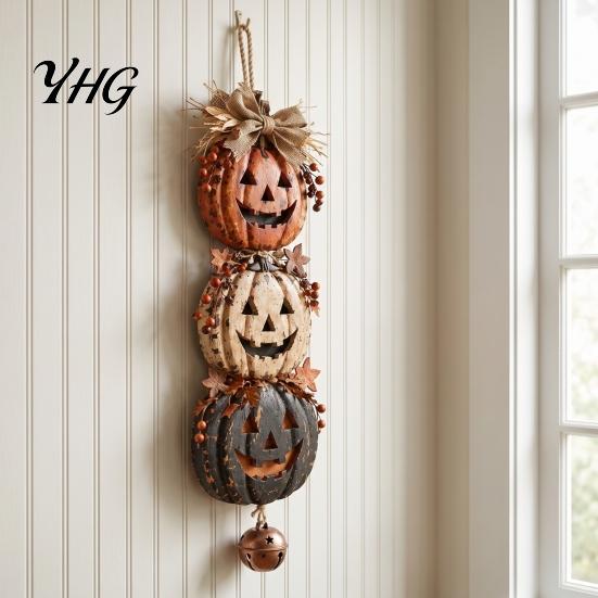 Holiday Gift for Fall Season Halloween Stacked Pumpkin Door Hanger, Vintage Jack?O?Lantern Wall Hanging Ornament, Indoor Outdoor Rustic