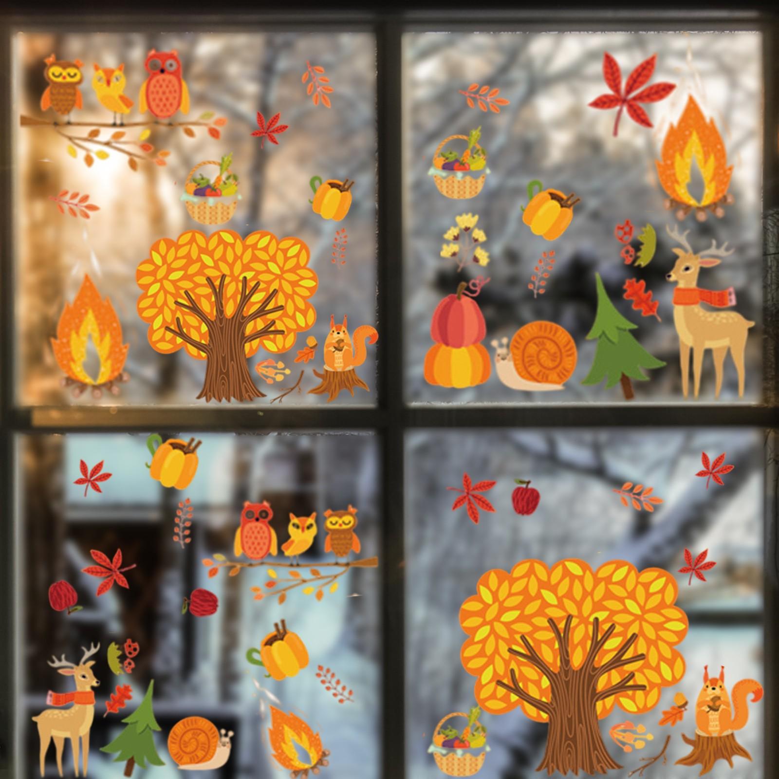 

Thanksgiving Window Clings Fall Leaves Window Stickers Decorations, Turkey Acorns Owl Squirrel Maple Window Cling