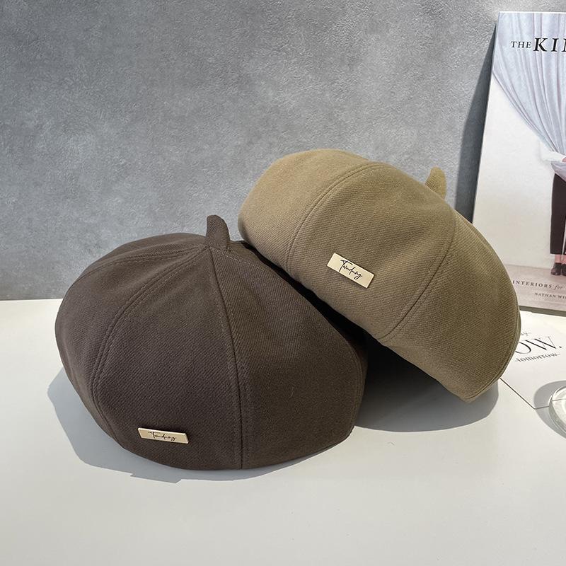 Gentle Beret for Women Fashionable Small Letter Mark Simple and Versatile Fashionable and Stylish Solid Color Pumpkin Hat