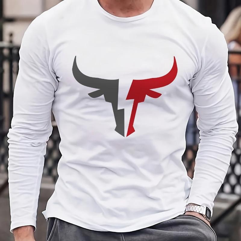 Men's Loose Fit Plus Size Comfortable Casual Sports Bull Pattern Printed Round Neck Long Sleeved T-shirt Top