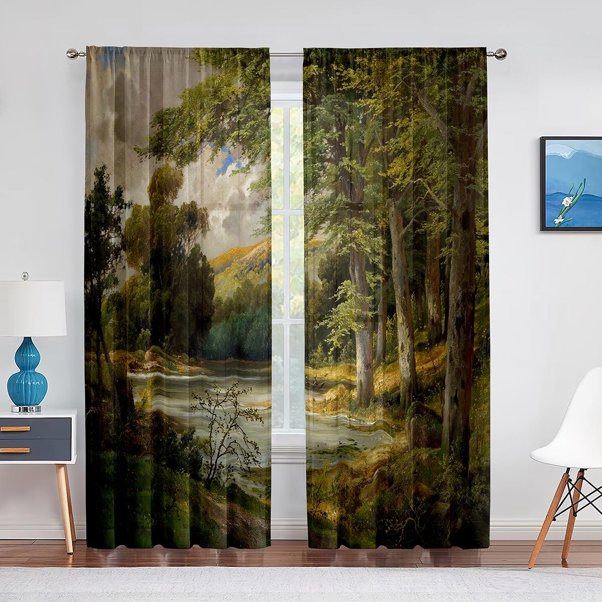 

Фэнтезийный пейзаж, шифоновые прозрачные шторы, дом у горы и реки, вуаль, тюлевая занавеска для гостиной, украшение дома 1 PCS W100XH250cm&Grommet Top